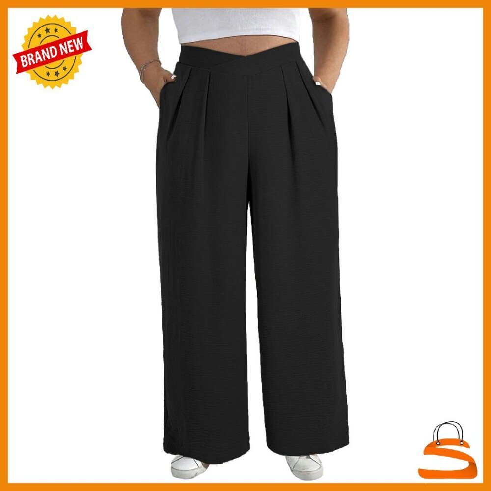Plus Size Wide Leg Pants Crossover Waist Pleated Front Casual Work Lounge